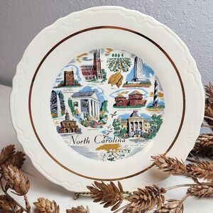 Vintage NORTH CAROLINA Souvenir Plate, Gold Rimmed, Bright Colors‎